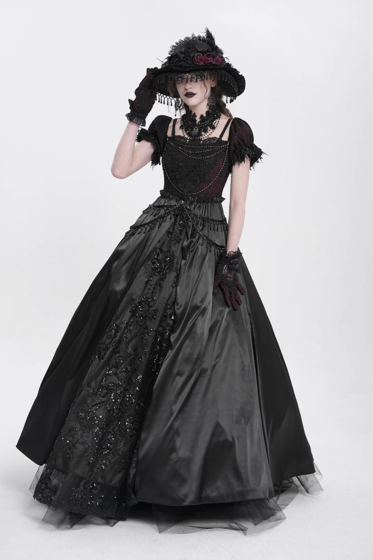 Black Off Shoulder Short Sleeves Jacquard Cardigan Stitching Lace Women's Gothic Dress - Product - 14