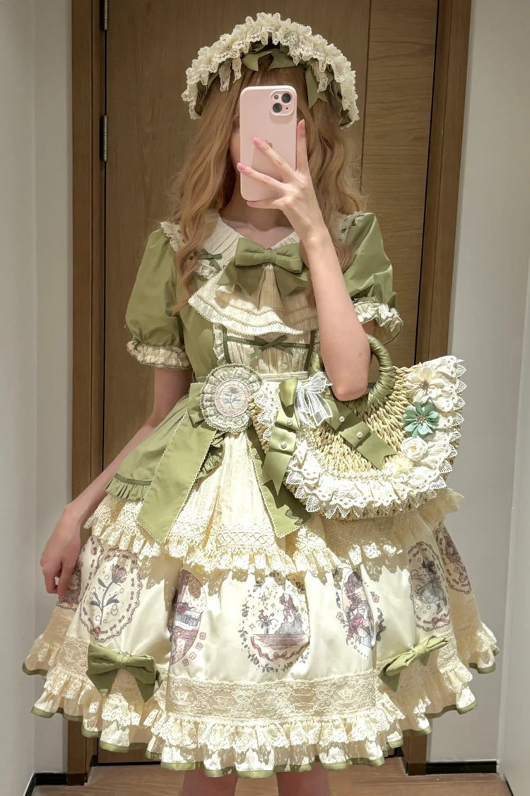 Green [Little Ida's Flowers] Short Sleeves Print Ruffle Bowknot Sweet Lolita Dress - Product - 7