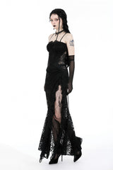 Black Sleeveless Side Slit Ruffled Lace Lace-Up Women's Gothic Maxi Slip Wedding Dress - Product - 2