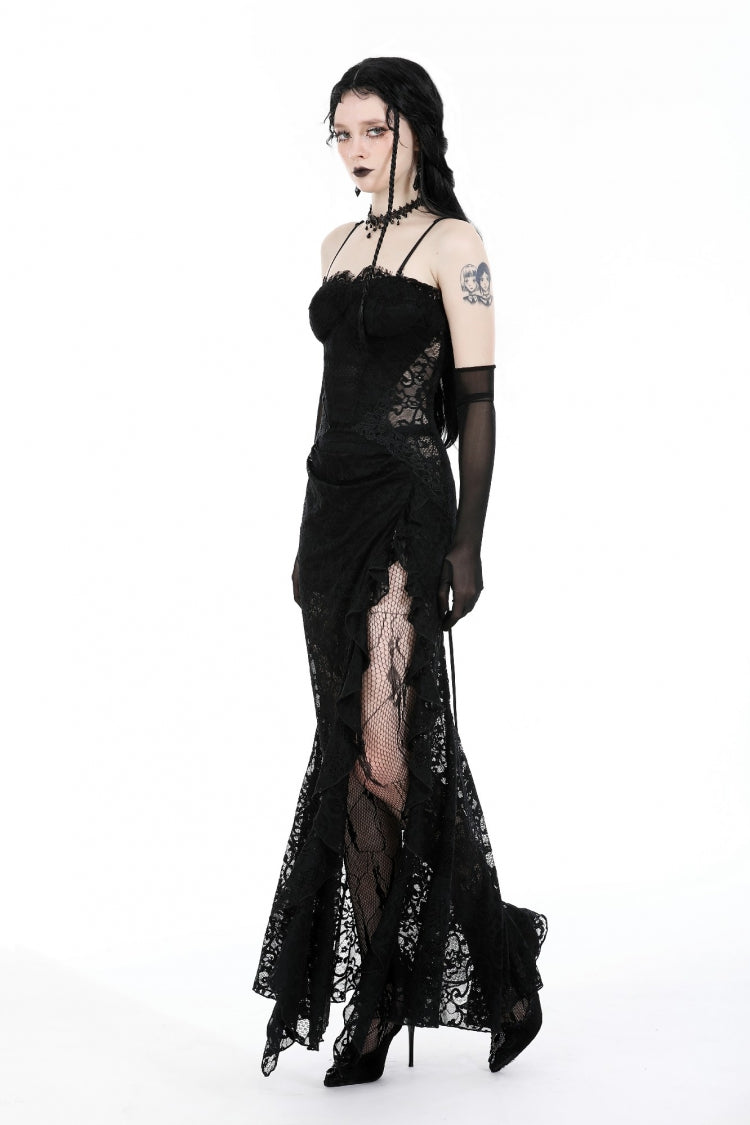 Black Sleeveless Side Slit Ruffled Lace Lace-Up Women's Gothic Maxi Slip Wedding Dress - Product - 2