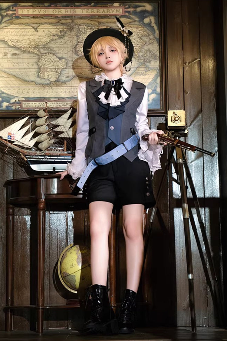 White/Grey/Blue [Age of Machines] Bow Asymmetric Punk Prince Ouji Lolita Shorts Vest Cloak Set - Product - 6