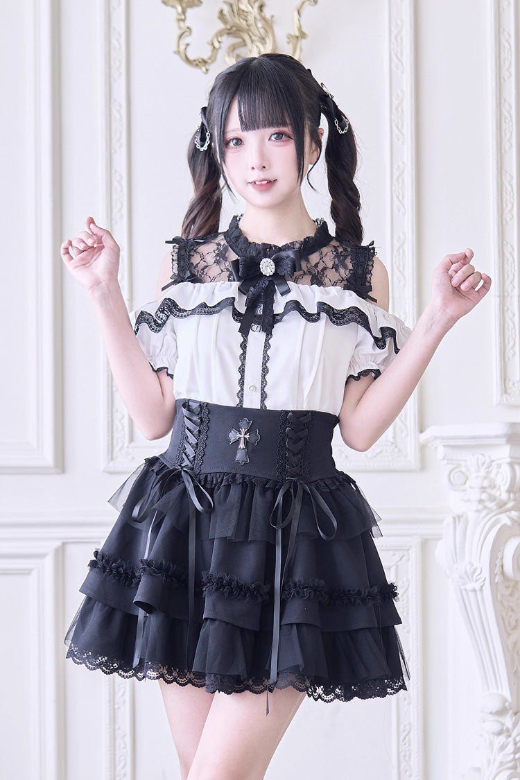 Sweet Off Shoulder Short Sleeves Hollow Bowknot Jirai Kei Japanese Blouse - White - 1