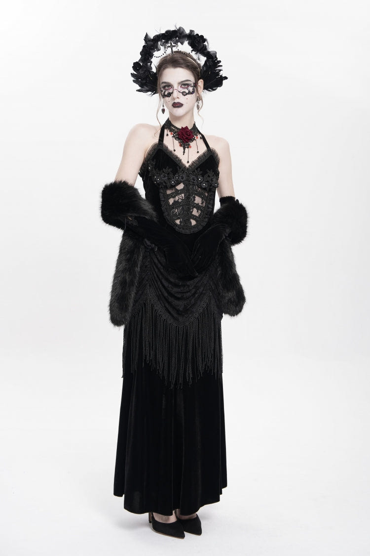 Black Sleeveless Hollow Floral Embroidery Lace-Up Pleated Women's Gothic Maxi Dress - Product - 11