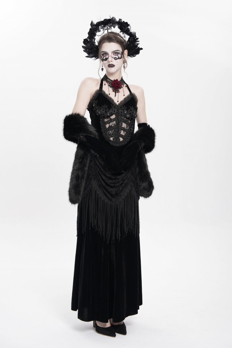 Black Sleeveless Hollow Floral Embroidery Lace-Up Pleated Women's Gothic Maxi Dress - Product - 11