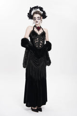 Black Sleeveless Hollow Floral Embroidery Lace-Up Pleated Women's Gothic Maxi Dress - Product - 11
