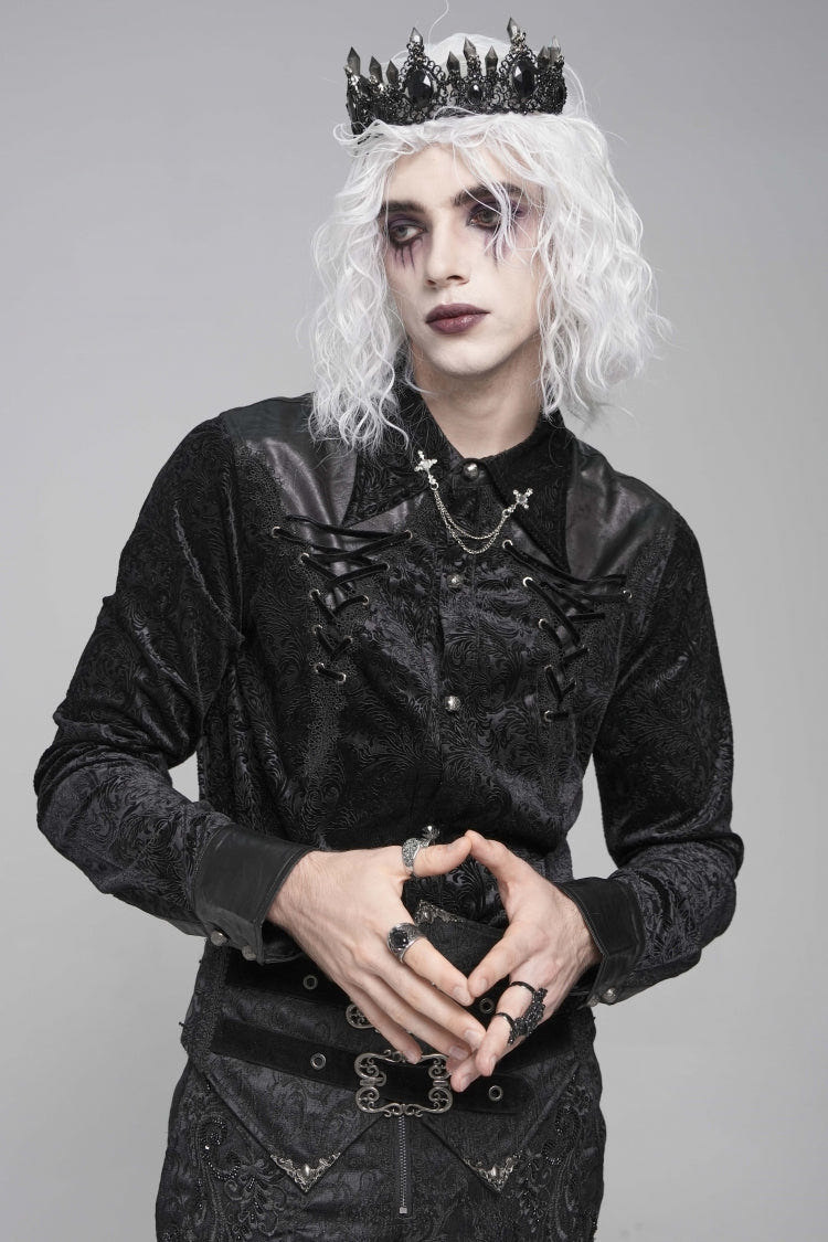 Black Lapel Collar Long Sleeves Print Embroidery Lace-Up Men's Gothic Blouse - Black - 1