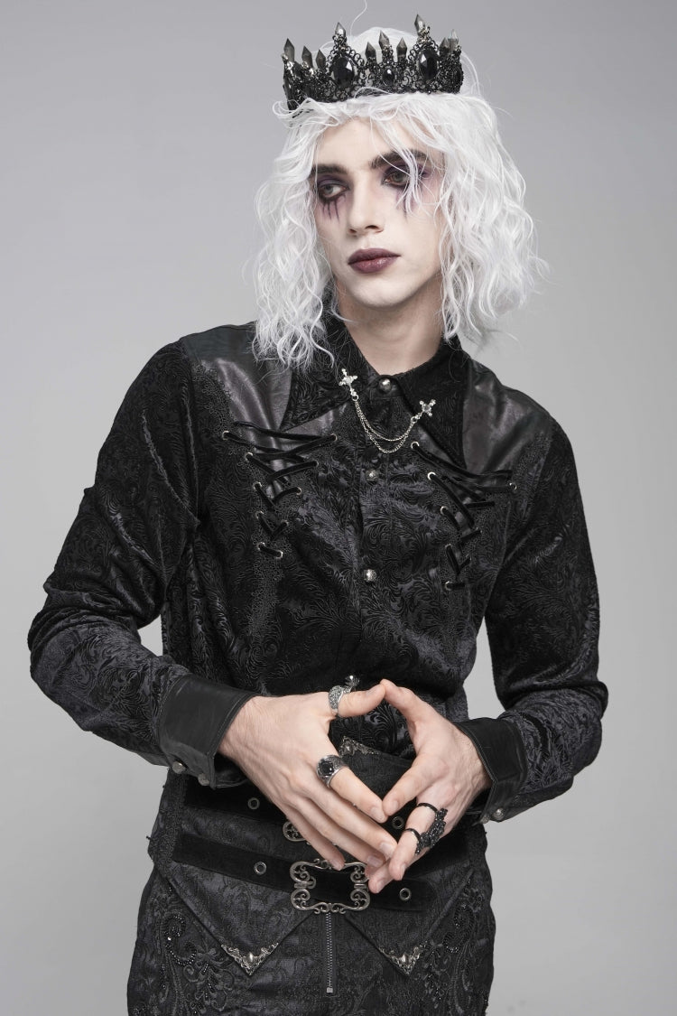 Black Lapel Collar Long Sleeves Print Embroidery Lace-Up Men's Gothic Blouse - Black - 1
