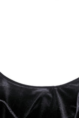 Black Round Collar Long Puff Sleeves Lace Lace-Up Hem High Low Women's Gothic Velvet Wedding Dress - Product - 13