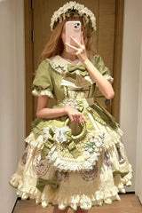 Green [Little Ida's Flowers] Short Sleeves Print Ruffle Bowknot Sweet Lolita Dress - Product - 8