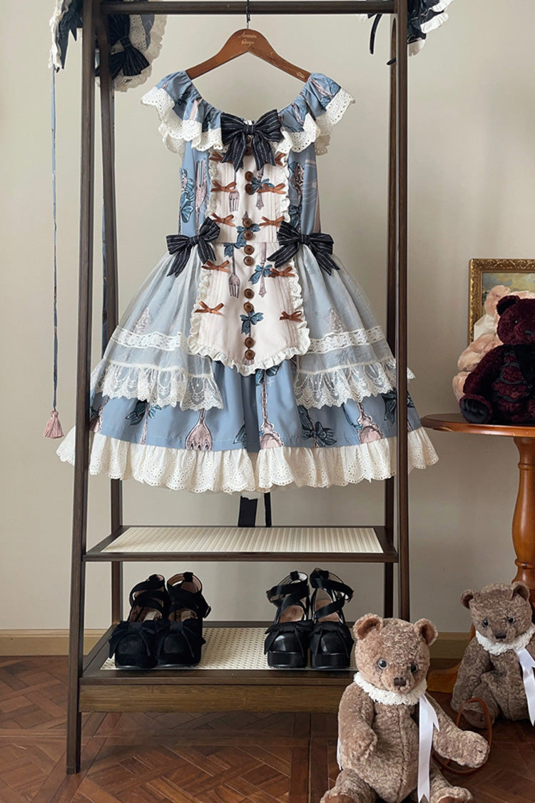 Blue [The Witch’s Banquet] Sleeveless Printed Ruffled Embroidered Bow Lace Sweet Lolita Jsk Dress - Product - 3