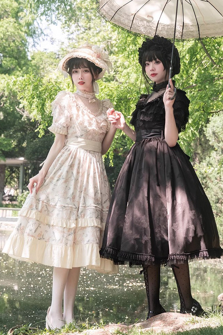 Black Daisy Print Cherry Embroidery Edwardian Collar Short Sleeves Gothic Lolita Dress - Product - 8