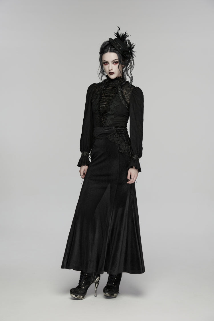 Black Stand Collar Long Sleeves Lace Lace-Up Slim Women's Gothic Blouse - Product - 9