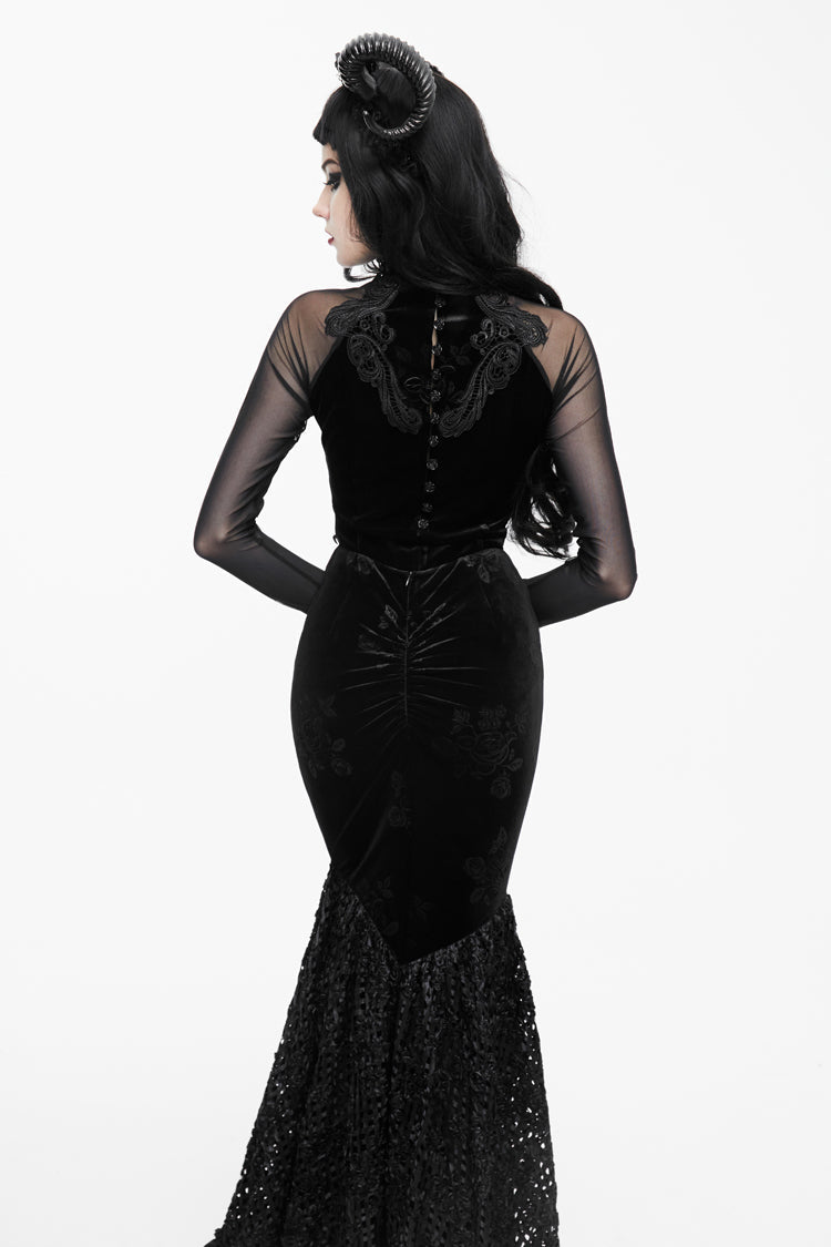 Black High Collar Front Chest Rose Decals Mesh Long Sleeve Rose Embossed Velvet Women's Gothic T-Shirt - Product - 6