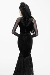 Black High Collar Front Chest Rose Decals Mesh Long Sleeve Rose Embossed Velvet Women's Gothic T-Shirt - Product - 6