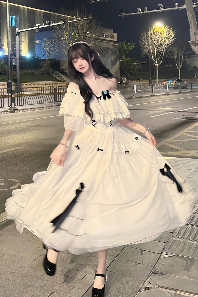 Ivory Off Shoulder Bowknot Sweet Elegant Princess Lolita Dress - Ivory - 1