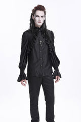 Black Stand Collar Long Sleeves Ruffle Lace Cross Men's Gothic Blouse - Product - 6