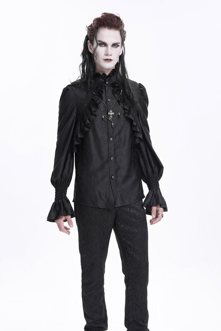 Black Stand Collar Long Sleeves Ruffle Lace Cross Men's Gothic Blouse - Product - 6