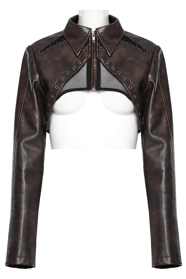 Brown Lapel Collar Long Sleeves Stitching Women's Faux Leather Punk Short Jacket - Product - 5