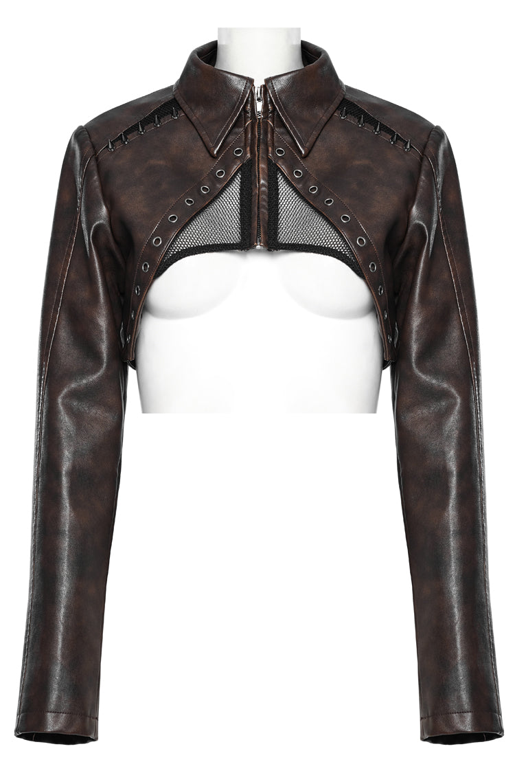 Brown Lapel Collar Long Sleeves Stitching Women's Faux Leather Punk Short Jacket - Product - 5