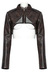 Brown Lapel Collar Long Sleeves Stitching Women's Faux Leather Punk Short Jacket - Product - 5