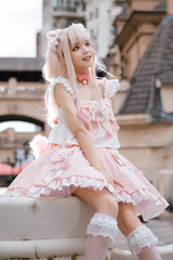 Pink [Miss Meow] Print Ruffle Bowknot Sweet Lolita Skirt Set - Product - 3