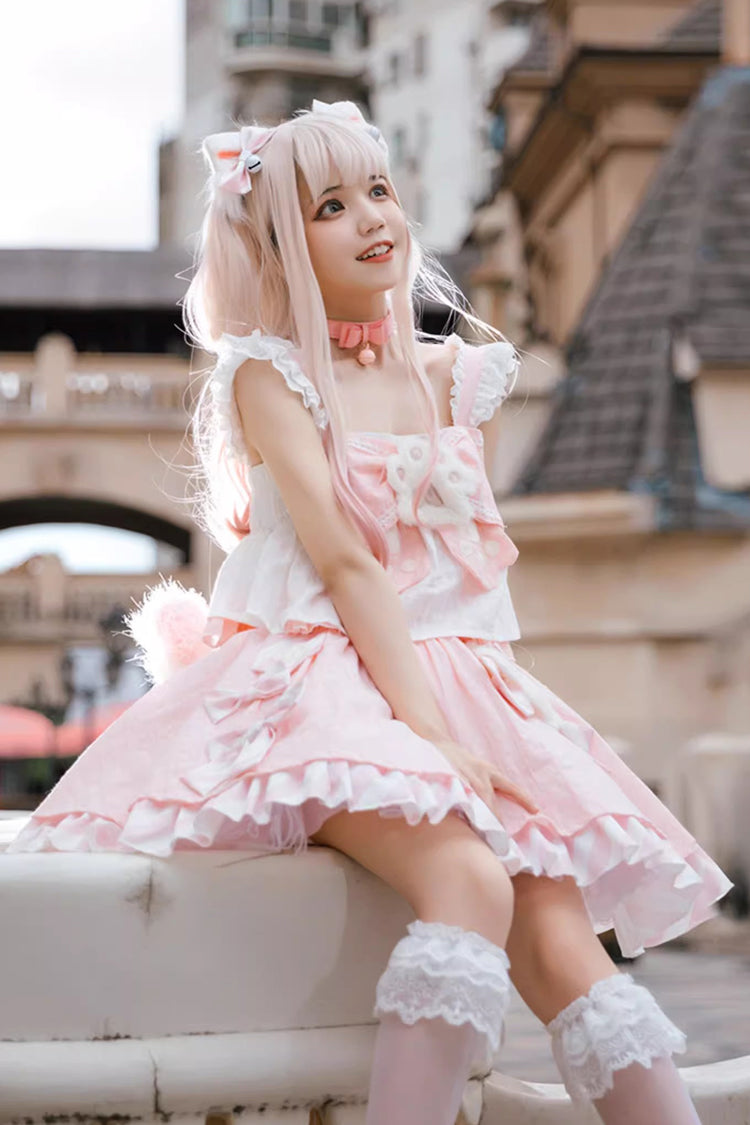 Pink [Miss Meow] Print Ruffle Bowknot Sweet Lolita Skirt Set - Product - 3