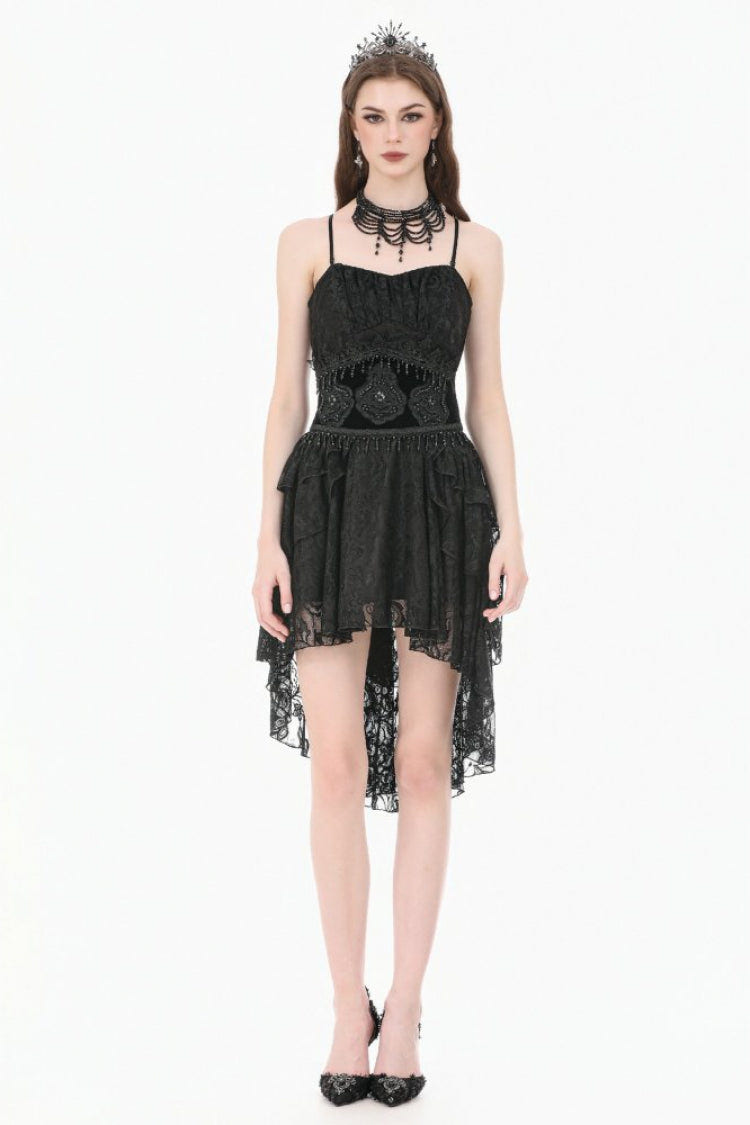 Black Embroidered Women's Gothic Royal Velvet Waist Cincher with Double Beaded Tassels - Product - 10