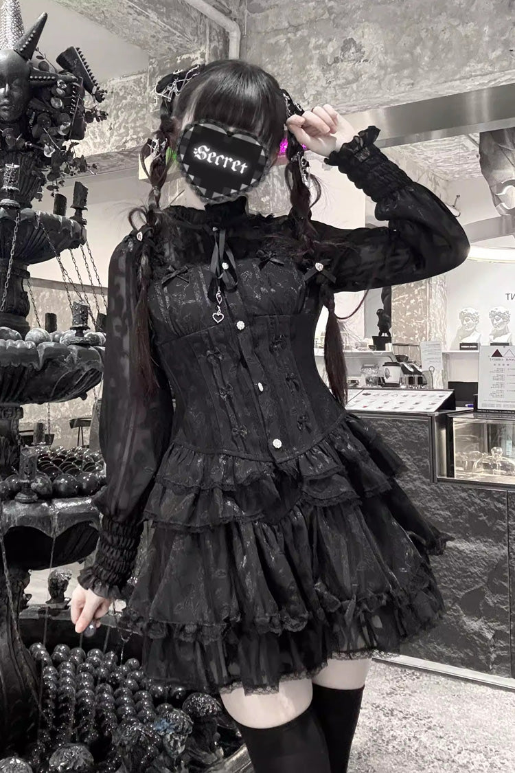[Rose Bible] Long Sleeves Triple-Layered Multi-Layered Jacquard Ruffled Lace-Up Gothic Jirai Kei Japanese Blouse and Pumpkin Shorts Set 2 Colors - Black - 4
