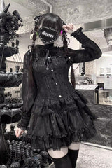 [Rose Bible] Long Sleeves Triple-Layered Multi-Layered Jacquard Ruffled Lace-Up Gothic Jirai Kei Japanese Blouse and Pumpkin Shorts Set 2 Colors - Black - 4