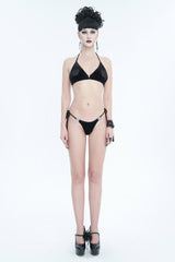 Black Velvet Stretch Sexy Cutout Pentagram Women's Gothic Swimsuit Set - Product - 2