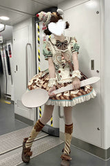 Brown [Peppermint Chocolate] Chocolate Cake Bear Print Ruffle Bowknot Lace-Up Sweet Lolita Dress - Product - 12