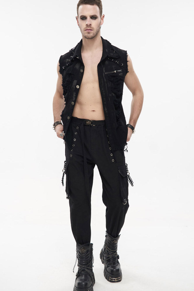 Black Punk Standing Collar Irregular Hand-Painted Sleeveless Metal Decoration Tattered Men's Shirt - Product - 6