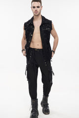 Black Punk Standing Collar Irregular Hand-Painted Sleeveless Metal Decoration Tattered Men's Shirt - Product - 6