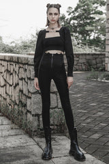 Black Bat Embroidered Waist Elastic Fine-Grained Fluff Metal Zipper Design Tight Women's Punk Leather Pants - Product - 4