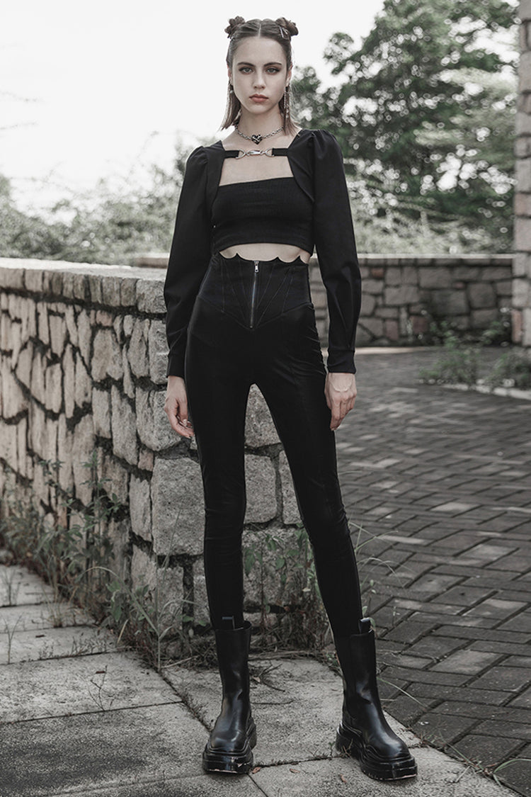 Black Bat Embroidered Waist Elastic Fine-Grained Fluff Metal Zipper Design Tight Women's Punk Leather Pants - Product - 4