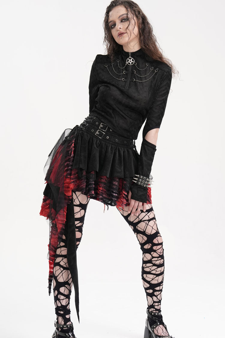 Black/Red Stitching Irregular Mesh Women's Gothic Skirt - Product - 7