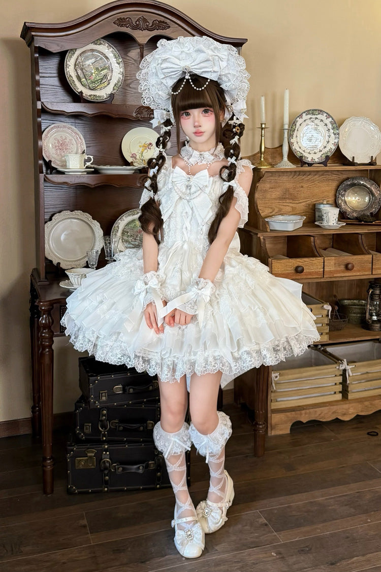 White [Pearl Ballet] Square Collar Sleeveless Multi-Layered Ruffled Bow Lace-Up Pearl-Decorated Sweet Ballet Lolita Jsk Dress - Product - 5
