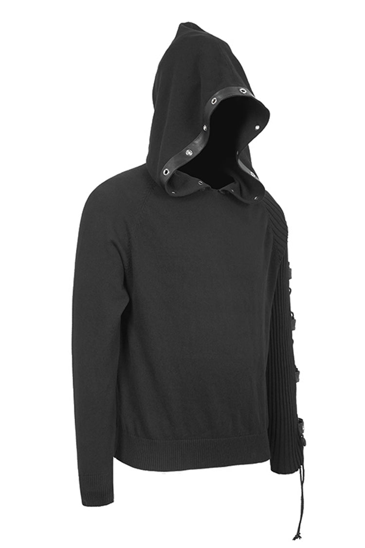 Black Asymmetrical Sleeves Leather Loop Lace-Up Hooded Men's Punk Sweater - Product - 5