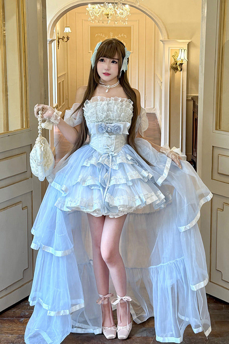 Blue [Mousse Love Song] Off Shoulder Sleeveless Triple-Layered Ruffled Hanayome Bow Sweet Elegant Ballet Lolita Short Dress Set - Blue(Set) - 1