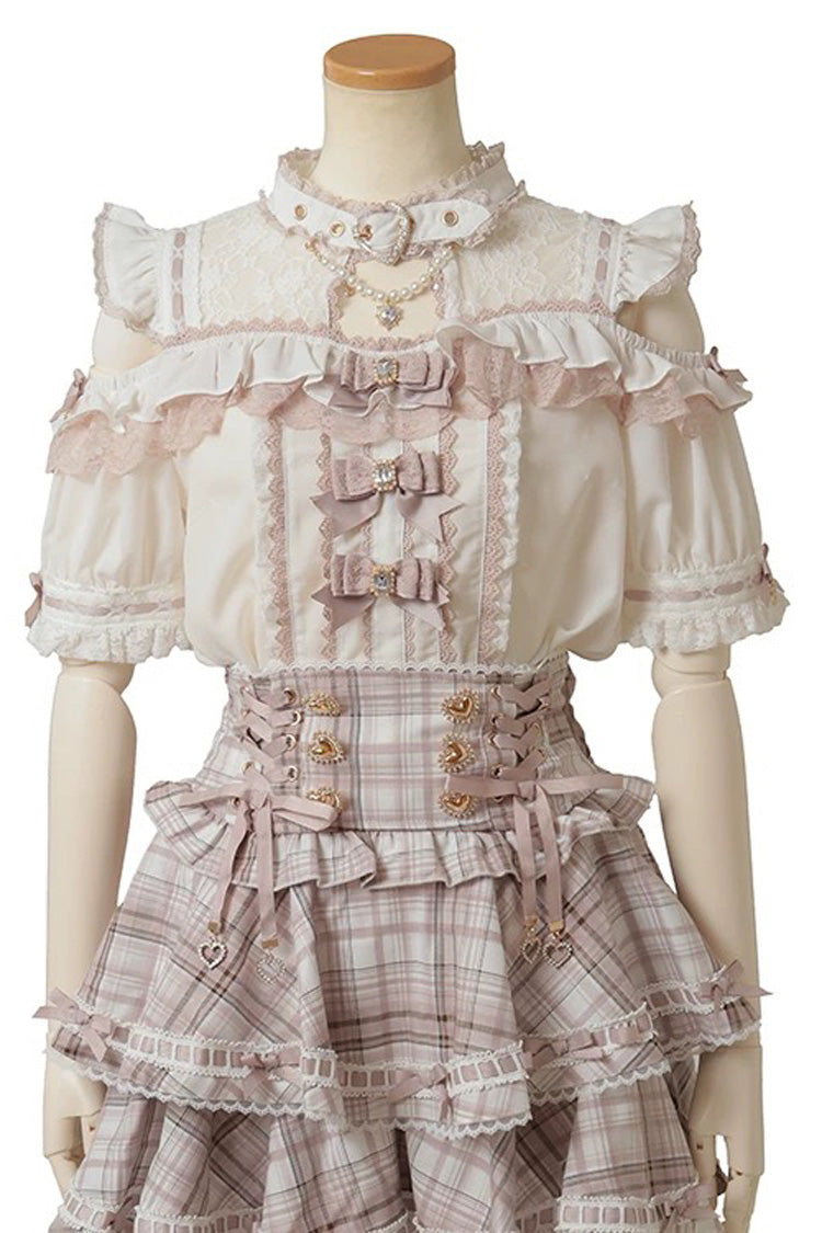 Sweet Jirai Kei Choker Neck Off Shoulder Bowknot Lace Japanese Blouse 3 Colors - Pink/White - 6
