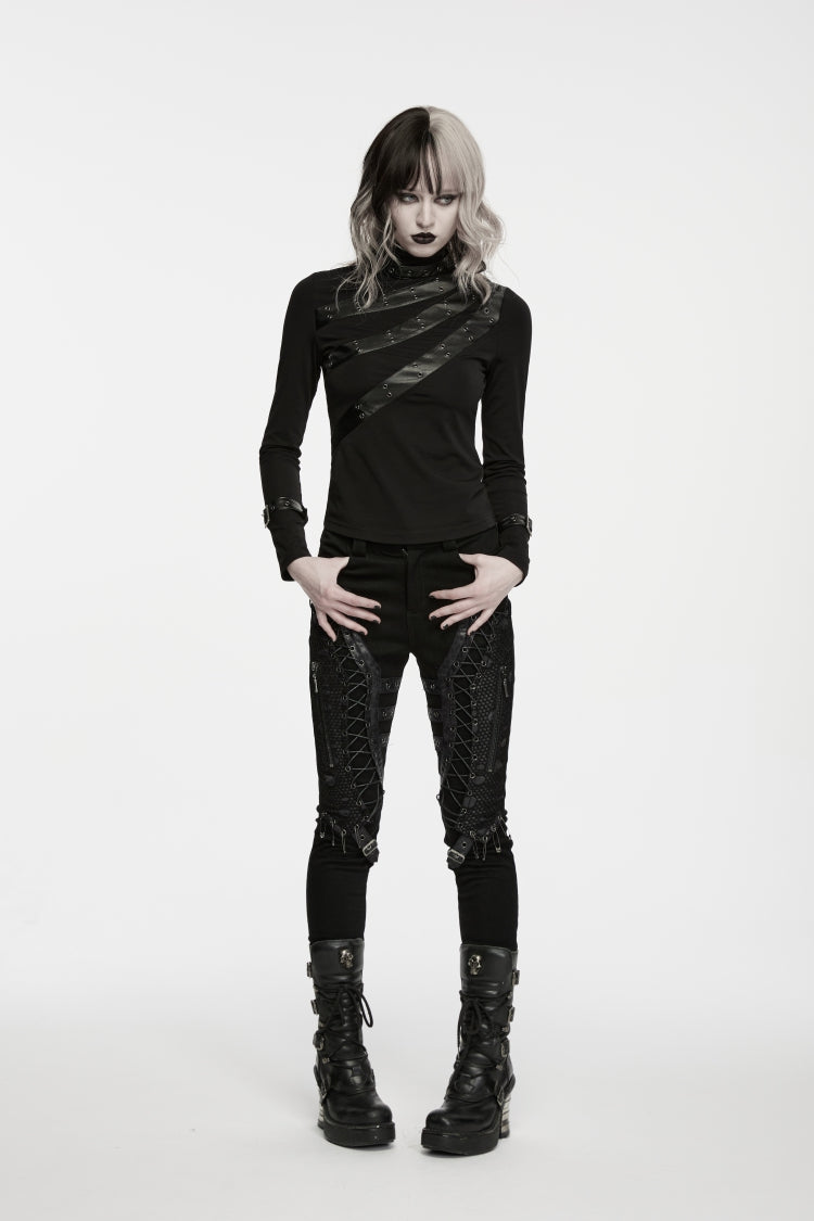Black High Collar Long Sleeves Cut-Out Patchwork Slim Fit Asymmetric Buckled Women's Punk Cool Top - Product - 7