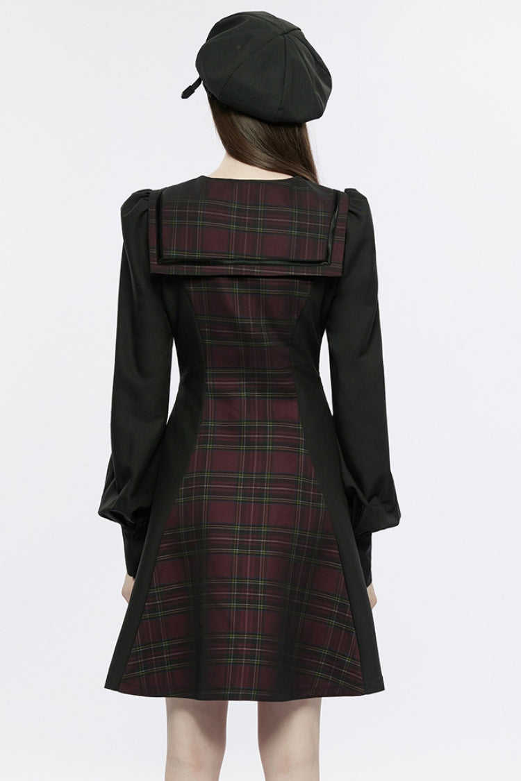 Black/Red Long Lantern Sleeves Plaid Print Detachable Lace-Up Women's Punk College Style Dress - Product - 3