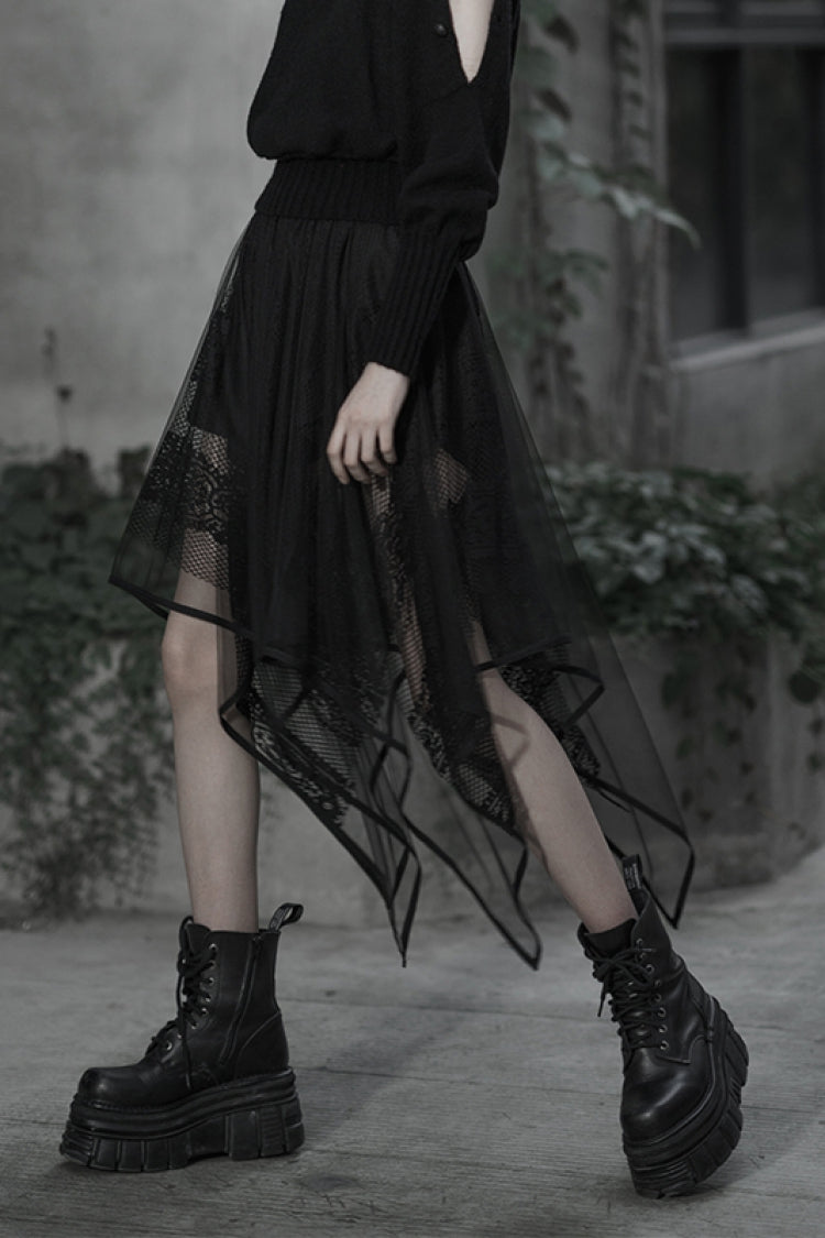 Black Embroidery Lace Asymmetric Hem Women's Gothic Skirt - Product - 2
