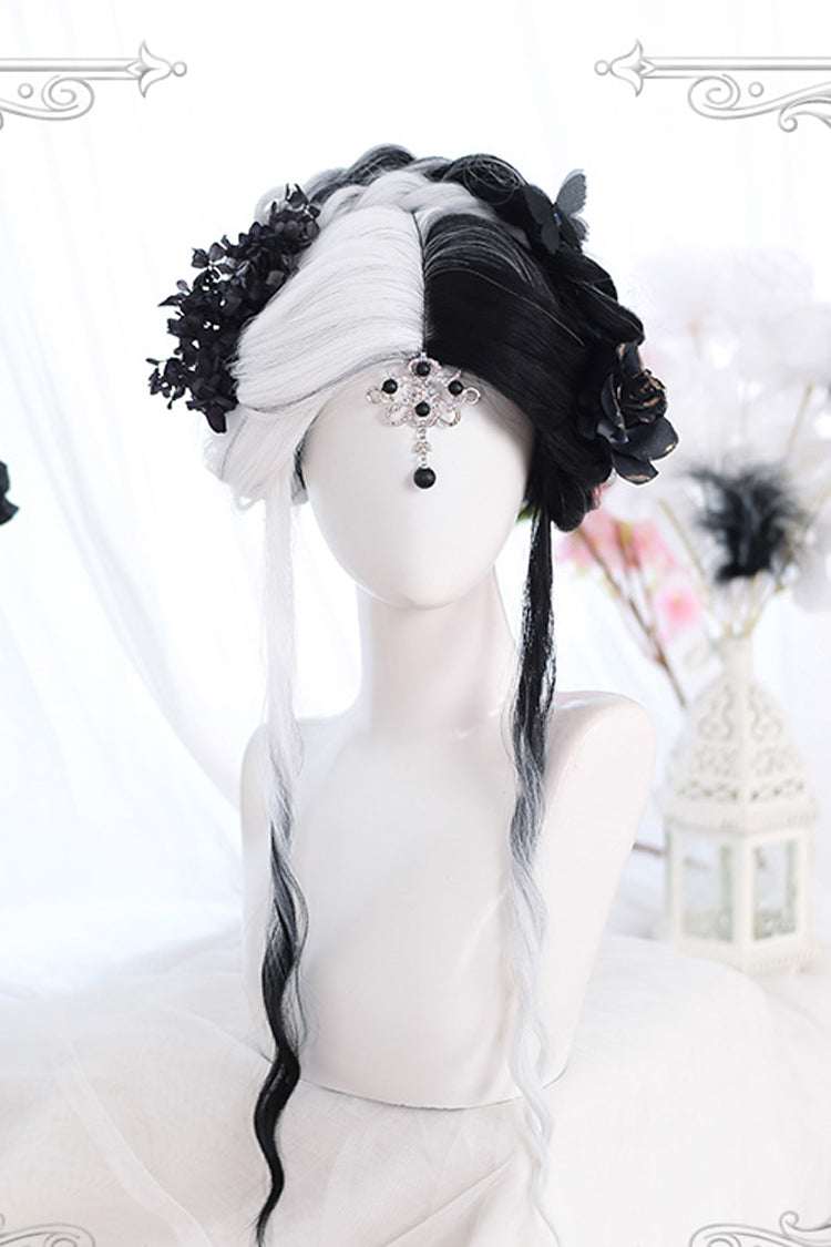 Black And White Color Matching Long Wavy Curly Hair Gothic Lolita Wigs - Black/White - 1