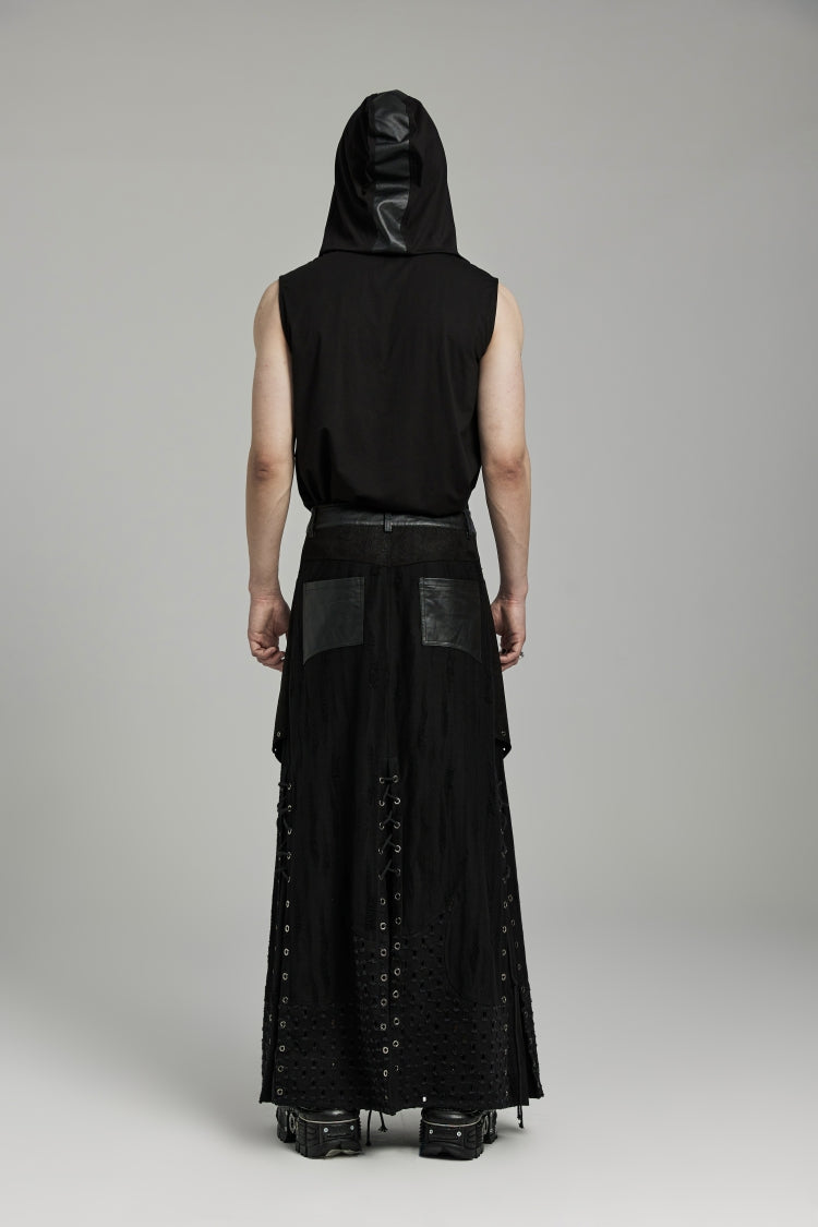 Black Lace-Up Ripped Eyelet Men's Punk Skirt - Product - 7