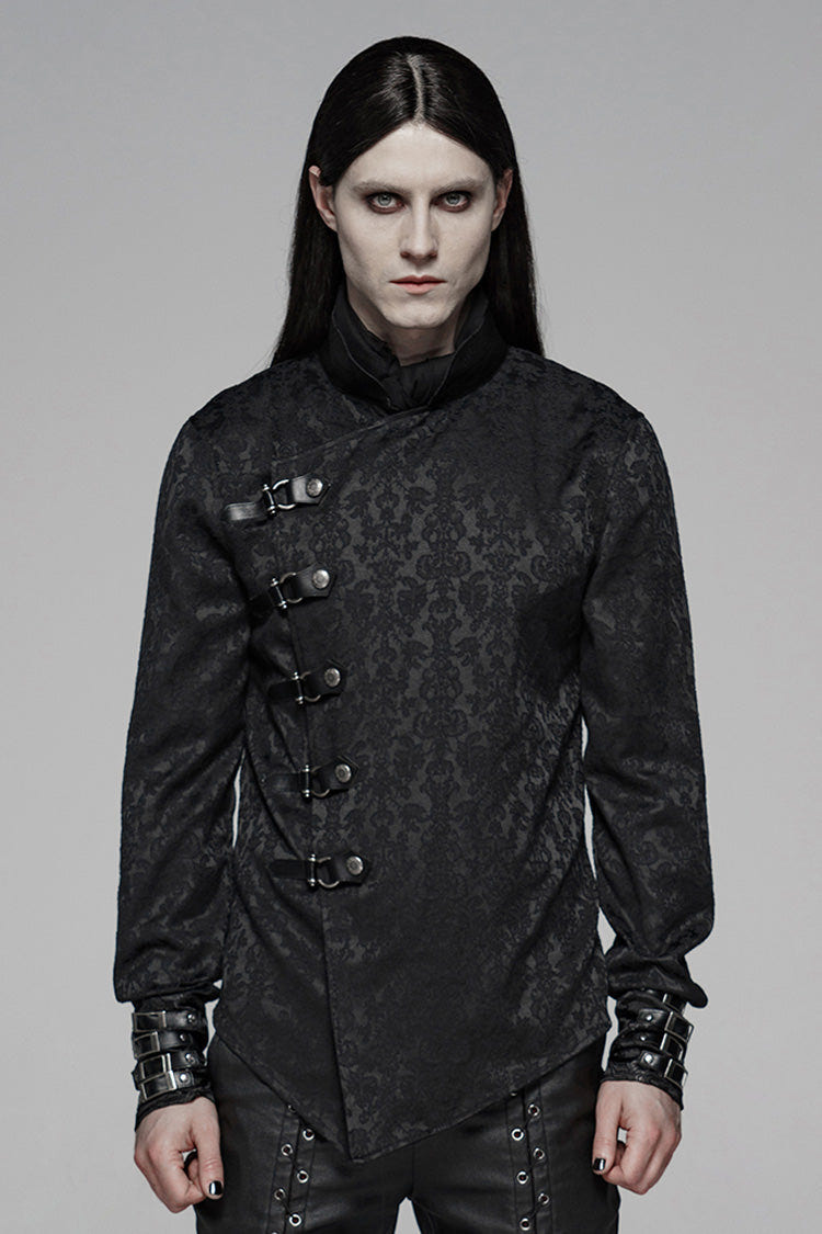 Black Stand Collar Long Sleeves Print Buckle Men's Punk Blouse - Black - 1