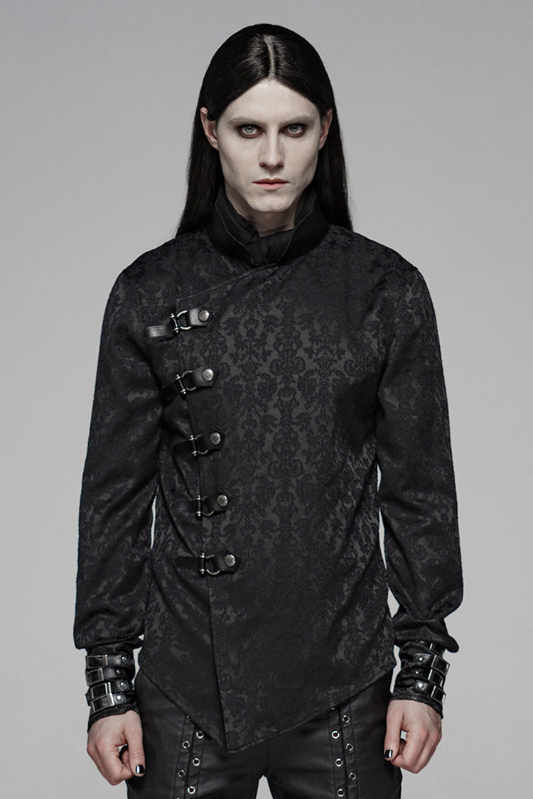 Black Stand Collar Long Sleeves Print Buckle Men's Punk Blouse - Black - 1