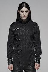 Black Stand Collar Long Sleeves Print Buckle Men's Punk Blouse - Black - 1