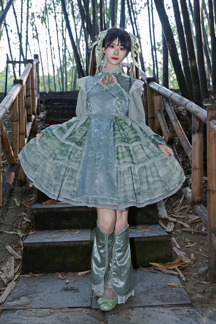 Cheongsam Ink Print Multi-layer Bowknot Sweet Chinese Style Princess Lolita Jsk Dress 2 Colors - Green - 3