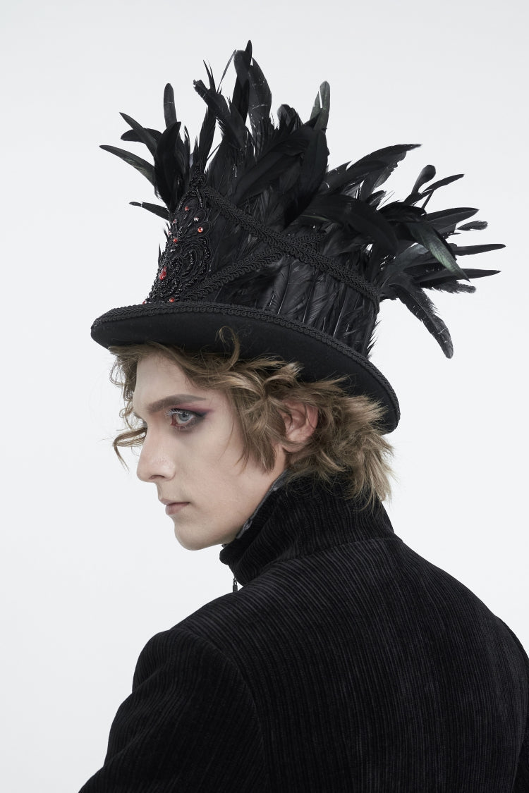 Black Embroidered Men's Gothic Palace Accessory Floral Feather Top Hat - Product - 6